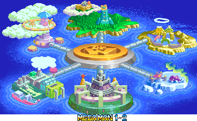 Thumbnail for a map of Mega Man 1~2 Overworld (In-Game Map) for the Arcade game Mega Man: The Power Battle.