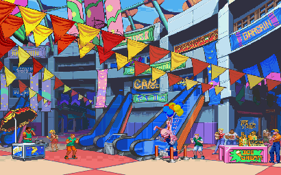 Thumbnail for a map of Mall Mayhem for the Arcade game X-Men Vs. Street Fighter.