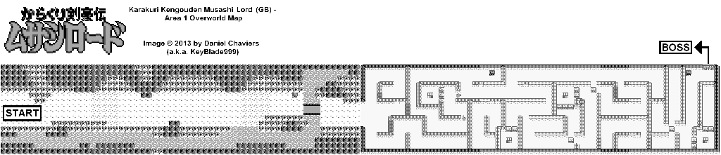 Thumbnail for a map of Area 1 Overworld for the Game Boy game Karakuri Kengouden: Musashi Lord.