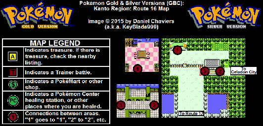 Thumbnail for a map of Kanto Route 16 for the Game Boy game Pokemon: Gold & Silver Versions.