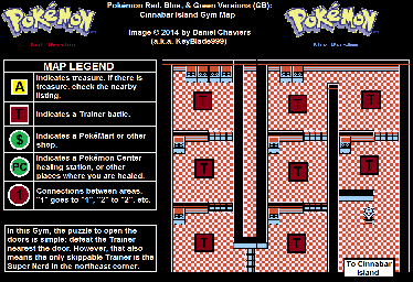 Thumbnail for a map of Cinnabar Island Gym for the Game Boy game Pokemon: Red, Green & Blue Versions.