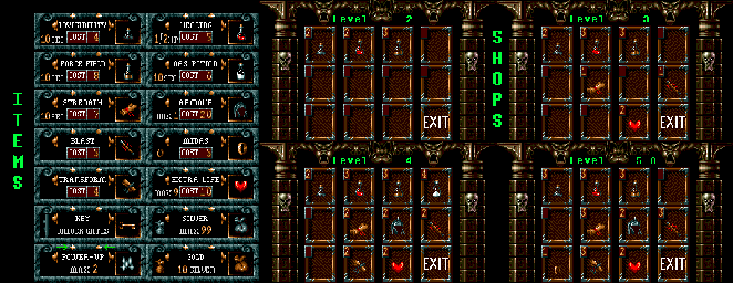 Thumbnail for a map of Items & Shops for the Genesis game Blades Of Vengeance.