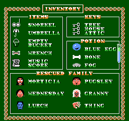 Thumbnail for a map of Inventory for the NES game The Addams Family.