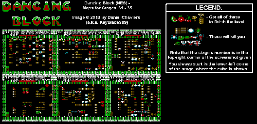 Thumbnail for a map of Stages 31-35 for the NES game Dancing Block.