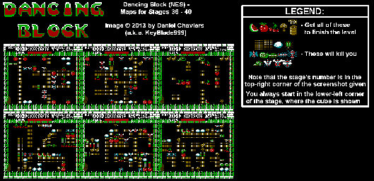 Thumbnail for a map of Stages 36-40 for the NES game Dancing Block.