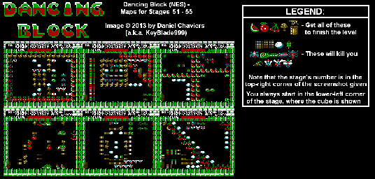 Thumbnail for a map of Stages 51-55 for the NES game Dancing Block.