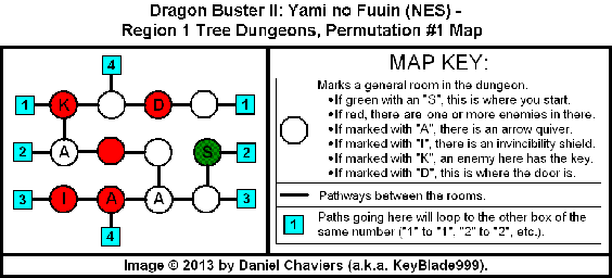 Thumbnail for a map of Region 1 Tree Dungeons - Permutation #1 for the NES game Dragon Buster II: Yami no Fuuin.