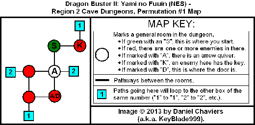 Thumbnail for a map of Region 2 Cave Dungeons - Permutation #1 for the NES game Dragon Buster II: Yami no Fuuin.