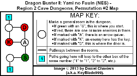 Thumbnail for a map of Region 2 Cave Dungeons - Permutation #2 for the NES game Dragon Buster II: Yami no Fuuin.