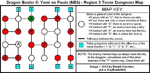 Thumbnail for a map of Region 2 Tower Dungeons for the NES game Dragon Buster II: Yami no Fuuin.