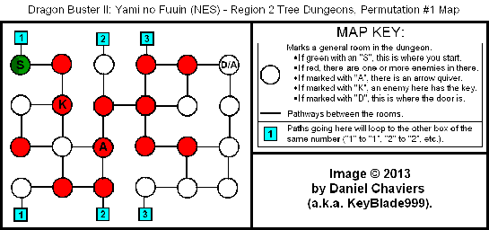 Thumbnail for a map of Region 2 Tree Dungeons - Permutation #1 for the NES game Dragon Buster II: Yami no Fuuin.