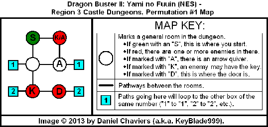 Thumbnail for a map of Region 3 Castle Dungeons - Permutation #1 for the NES game Dragon Buster II: Yami no Fuuin.