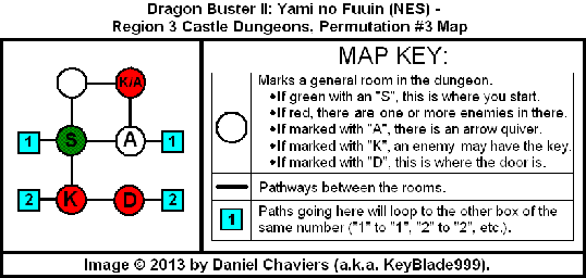 Thumbnail for a map of Region 3 Castle Dungeons - Permutation #3 for the NES game Dragon Buster II: Yami no Fuuin.