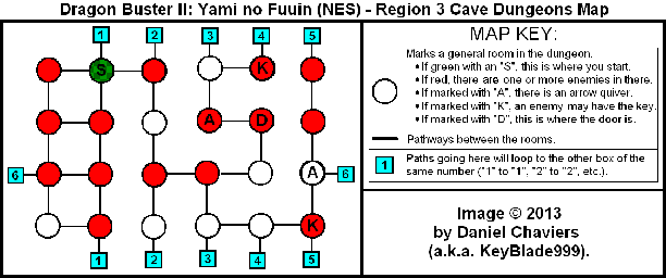 Thumbnail for a map of Region 3 Cave Dungeons for the NES game Dragon Buster II: Yami no Fuuin.