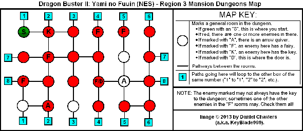 Thumbnail for a map of Region 3 Mansion Dungeons for the NES game Dragon Buster II: Yami no Fuuin.