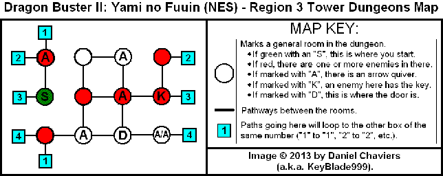 Thumbnail for a map of Region 3 Tower Dungeons for the NES game Dragon Buster II: Yami no Fuuin.