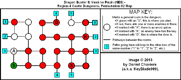 Thumbnail for a map of Region 4 Castle Dungeons - Permutation #2 for the NES game Dragon Buster II: Yami no Fuuin.
