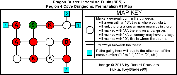 Thumbnail for a map of Region 4 Cave Dungeons - Permutation #1 for the NES game Dragon Buster II: Yami no Fuuin.