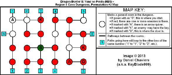 Thumbnail for a map of Region 4 Cave Dungeons - Permutation #2 for the NES game Dragon Buster II: Yami no Fuuin.