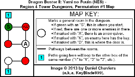 Thumbnail for a map of Region 4 Tower Dungeons - Permutation #1 for the NES game Dragon Buster II: Yami no Fuuin.
