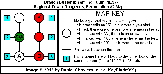 Thumbnail for a map of Region 4 Tower Dungeons - Permutation #2 for the NES game Dragon Buster II: Yami no Fuuin.