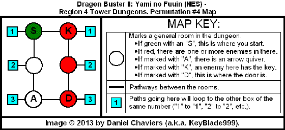 Thumbnail for a map of Region 4 Tower Dungeons - Permutation #4 for the NES game Dragon Buster II: Yami no Fuuin.