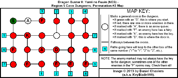 Thumbnail for a map of Region 5 Cave Dungeons - Permutation #2 for the NES game Dragon Buster II: Yami no Fuuin.