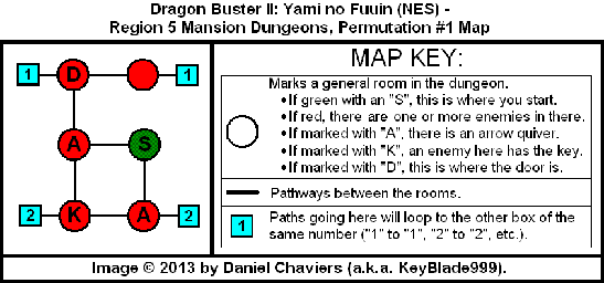 Thumbnail for a map of Region 5 Mansion Dungeons - Permutation #1 for the NES game Dragon Buster II: Yami no Fuuin.