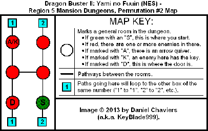 Thumbnail for a map of Region 5 Mansion Dungeons - Permutation #2 for the NES game Dragon Buster II: Yami no Fuuin.