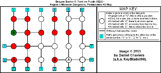 Thumbnail for a map of Region 6 Mansion Dungeons - Permutation #2 for the NES game Dragon Buster II: Yami no Fuuin.