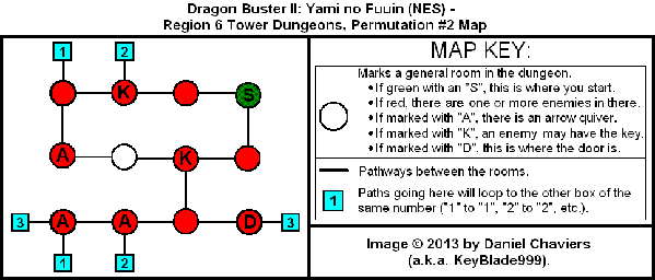Thumbnail for a map of Region 6 Tower Dungeons - Permutation #2 for the NES game Dragon Buster II: Yami no Fuuin.