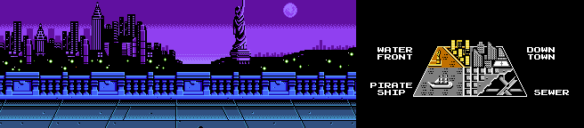 Thumbnail for a map of Waterfront for the NES game Teenage Mutant Ninja Turtles: Tournament Fighters.