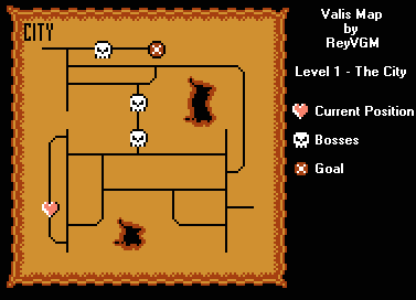 Thumbnail for a map of Level 1: City (In-Game Map) for the NES game Valis: The Fantastic Solder.
