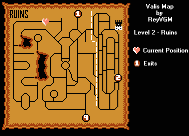 Thumbnail for a map of Level 2: Ruins (In-Game Map) for the NES game Valis: The Fantastic Solder.