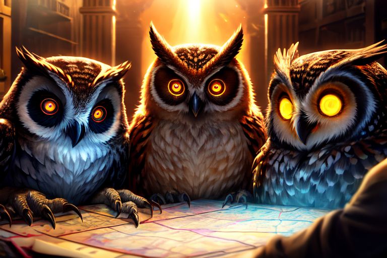 Group of owls creating video game maps.