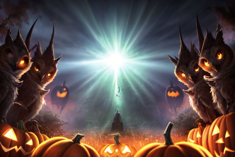 Spooky owls among glowing pumpkins.