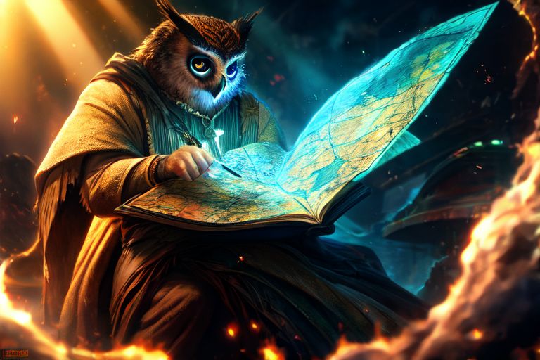 Talented owl creating a video game map.