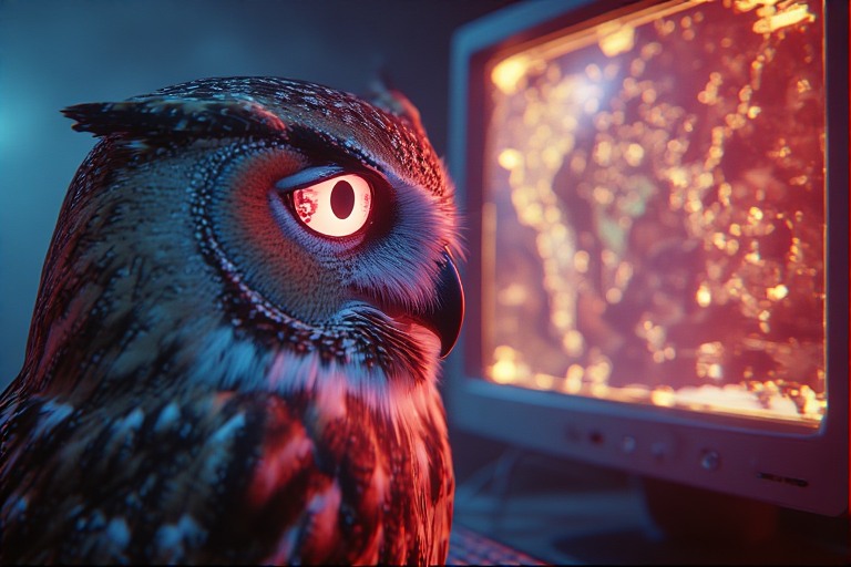 Fantasy style owl looking at a video game map on a computer screen.