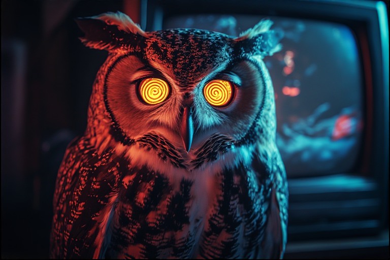 Fantasy style owl with a glitchy video game on a CRT TV that they want to preserve using screenshots.