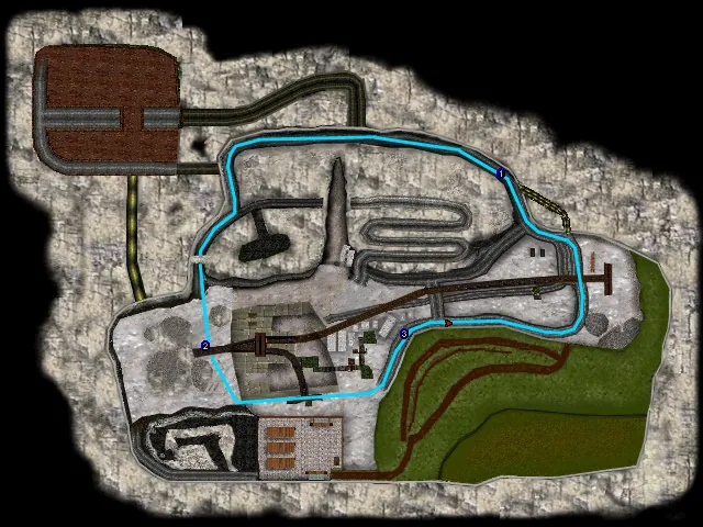 Thumbnail for a map of Level 01-2: Beaver County Quarry (In-Game Map) for the PC game Carmageddon II: Carpocalypse Now.