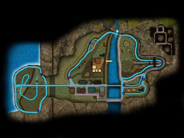 Thumbnail for a map of Level 03-2: Beaver Woods (In-Game Map) for the PC game Carmageddon II: Carpocalypse Now.