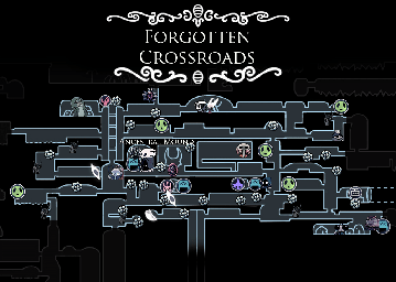 Thumbnail for a map of Forgotten Crossroads (Guide) for the PC game Hollow Knight.