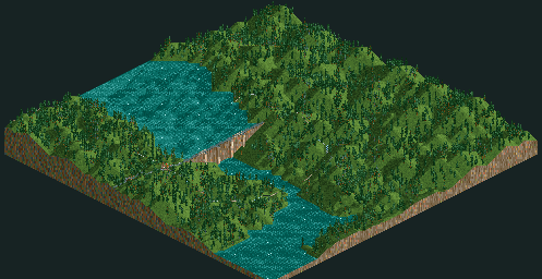 Thumbnail for a map of Corkscrew Follies Butterfly Dam for the PC game RollerCoaster Tycoon.
