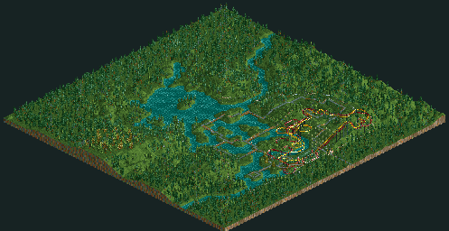 Thumbnail for a map of Corkscrew Follies Swamp Cove for the PC game RollerCoaster Tycoon.