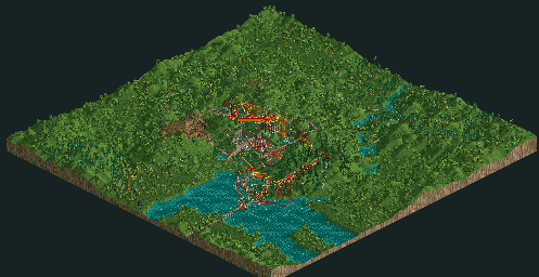 Thumbnail for a map of Corkscrew Follies Three Monkeys Park for the PC game RollerCoaster Tycoon.