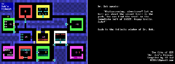 Thumbnail for a map of City Of ZZT Dr. Bob's Hideout for the PC game ZZT.