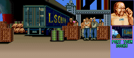 Thumbnail for a map of Port Town Docks (Temjin) for the SNES game Art Of Fighting 2.