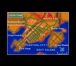 Thumbnail for a map of South Town (In-Game Map) for the SNES game Art Of Fighting 2.