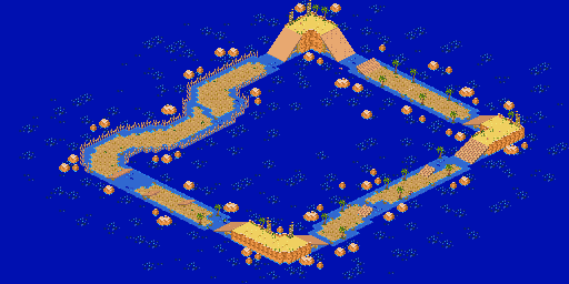 Thumbnail for a map of Course 2: Island Round 2: Crab Hills Island for the SNES game Biker Mice From Mars.