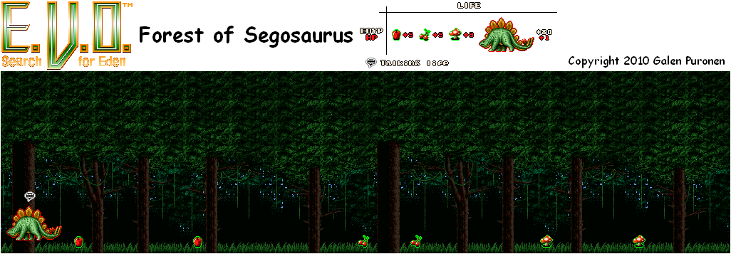 Thumbnail for a map of Early Man Forest Of Segosaurus for the SNES game E.V.O.: Search For Eden.